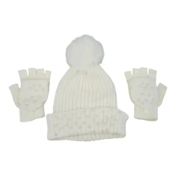 White Knit hat with Super Pom and Faux Pearl Accents Hat and Fingerles Glove set - Picture 1 of 12